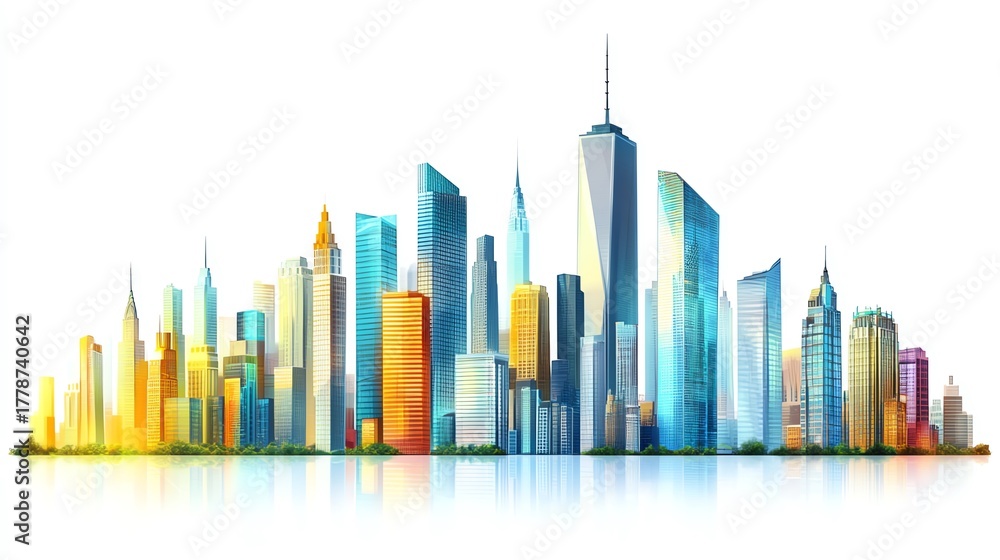 Obraz premium Colorful city skyline illustration at sunset.
