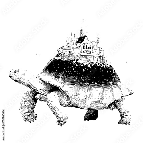 Fantasy turtle carrying castle illustration black and white art print home decor wall art drawing design 100