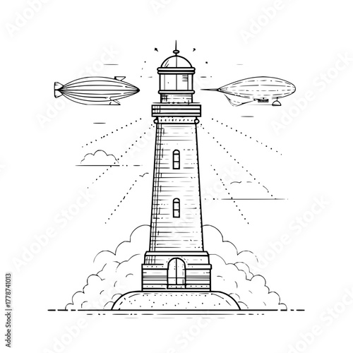 Vintage lighthouse with airships vector illustration nautical maritime drawing beacon coast travel adventure line art