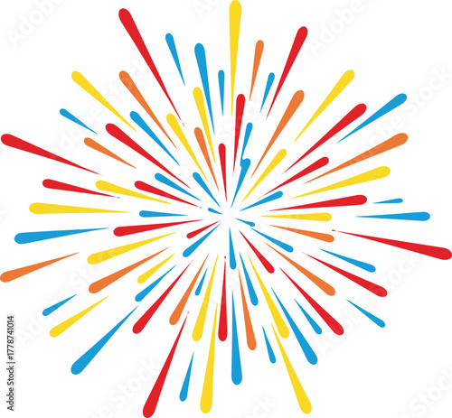 A festive and vibrant vector illustration of a colorful firework explosion with streaming trails in red, blue, and yellow, radiating outwards from a central burst point, 
