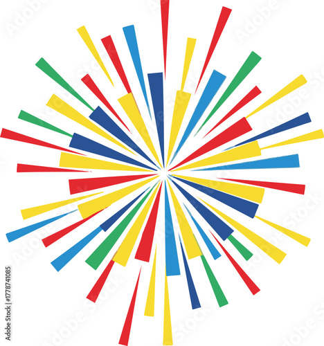 A festive and vibrant vector illustration of a colorful firework explosion with streaming trails in red, blue, and yellow, radiating outwards from a central burst point, 