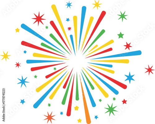 A festive and vibrant vector illustration of a colorful firework explosion with streaming trails in red, blue, and yellow, radiating outwards from a central burst point, 
