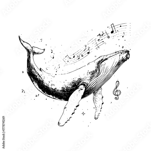 Whale illustration with music notes vector art print for ocean lovers and marine life enthusiasts design