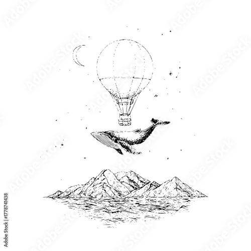 Whale air balloon over mountain range drawing vintage style adventure travel artwork illustration design