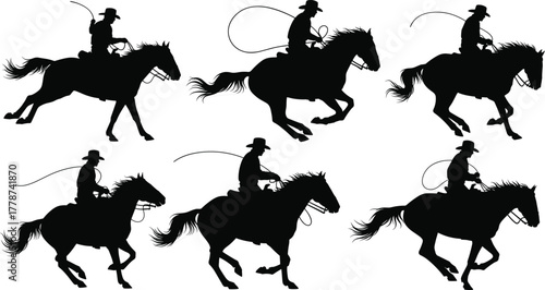 Cowboy silhouette illustration, horse riding poses, lasso and whip action, western ranch scene, wild west vector, black graphic design, rodeo culture art