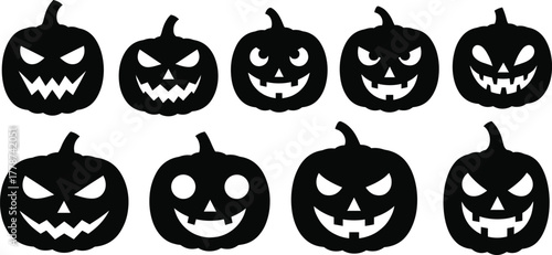 Halloween pumpkin silhouettes, spooky jack-o'-lantern faces, scary expressions, black vector design, creepy carved pumpkins, festive decoration, eerie mood, holiday illustration