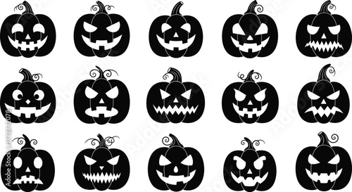 Halloween pumpkin silhouettes, spooky jack-o'-lantern faces, creepy carved expressions, black vector icons, festive decoration, eerie design, scary holiday art, horror illustration