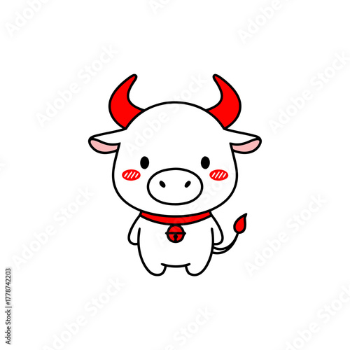 Adorable Chibi Ox Character Icon with Red Horns and Bell