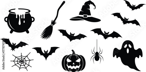 Halloween spooky icons collection, witch hat broom cauldron bats spider web ghost pumpkin silhouettes, black vector symbols for Halloween party decoration design
