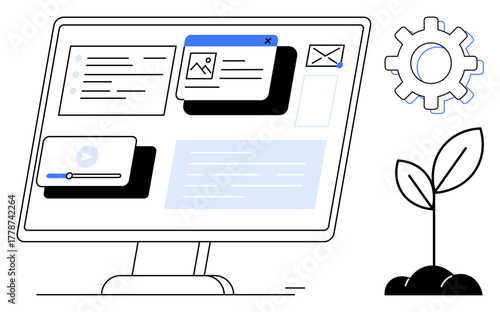 Computer monitor displaying interactive interface components, including videos and messages, alongside a gear and sprouting plant. Ideal for technology, innovation, growth, eco-friendliness