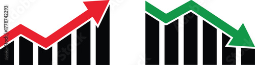 Red upward arrow graph and green downward arrow graph on black bars chart
