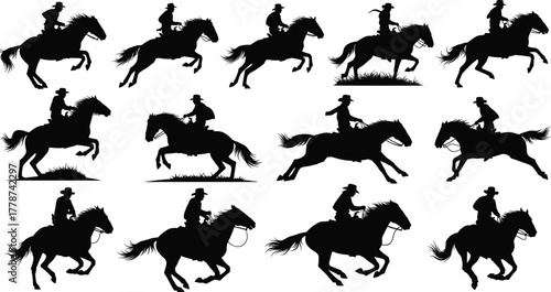 Horse riding silhouette collection, dynamic galloping poses, trotting motion, rider on horseback, black vector design, equestrian movement study, western action art