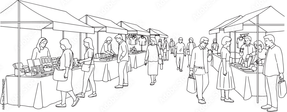 Fototapeta premium Outdoor Street Market with Shoppers and Stalls - Black and White Line Art Illustration