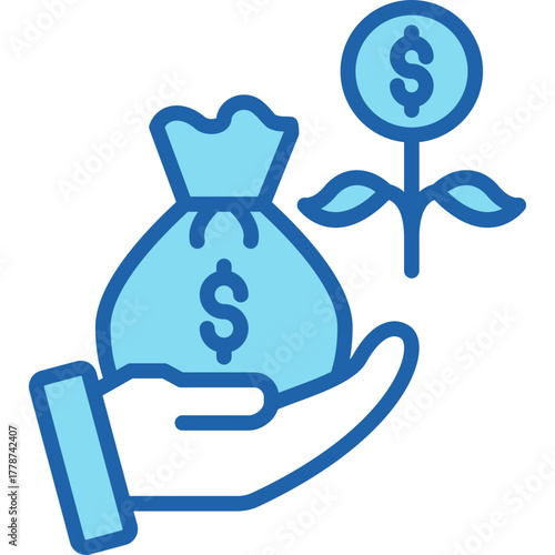 Lineal Blue Investment Icon Showing Hand Holding Money Bag and Dollar Plant for Wealth Growth