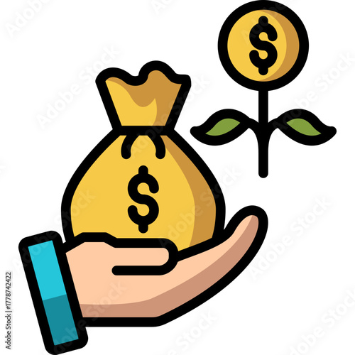 Colorful Lineal Icon of Hand Holding Money Bag and Dollar Plant Representing Investment and Profit Growth