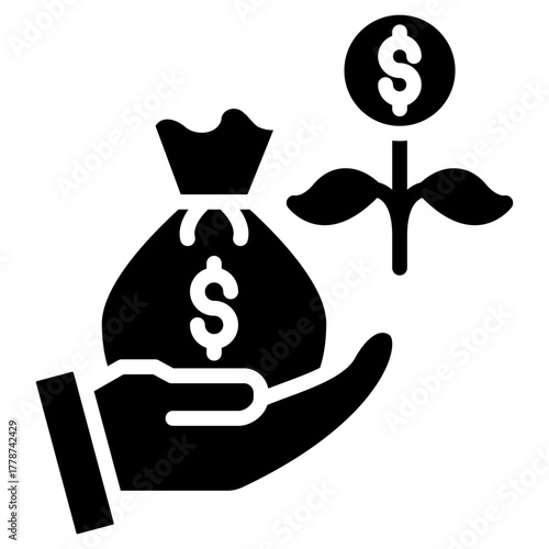 Glyph Icon of Investment with Hand Holding Money Bag and Growing Dollar Plant for Financial Growth