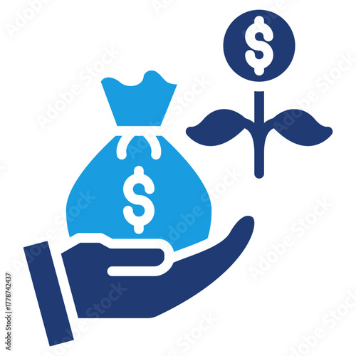 Blue Glyph Icon of Hand Holding Money Bag and Dollar Plant for Investment and Wealth Growth
