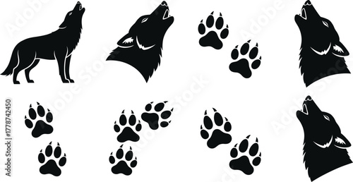 Wolf silhouette illustration, howling wolf heads, paw print designs, wild animal symbols, black vector graphic, nature themed artwork, forest predator icon