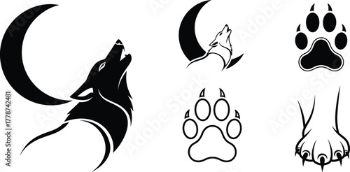 Wolf silhouette illustration, howling wolf with moon, detailed paw prints, wild animal design, black vector graphic, nature themed art, forest predator