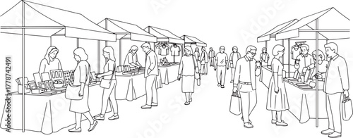 Outdoor Street Market with Shoppers and Stalls - Black and White Line Art Illustration