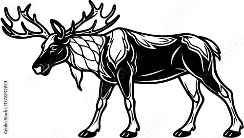 Very beautiful moose silhouette vector illustration on a white background, featuring large detailed antlers, strong body outline, and minimalist black design perfect for logos, nature graphics, or dec