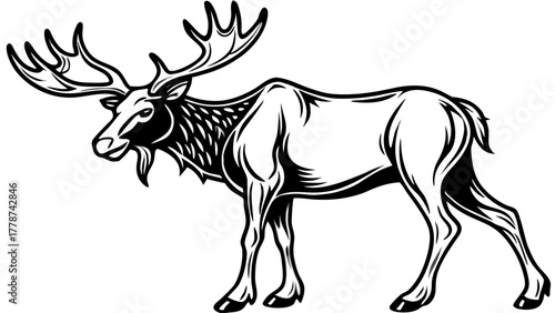 Very beautiful moose silhouette vector illustration on a white background, featuring large detailed antlers, strong body outline, and minimalist black design perfect for logos, nature graphics, or dec