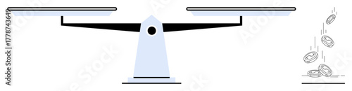 Traditional balance scale tipping unevenly as coins accumulate on one side. Ideal for themes thumbs up justice, wealth distribution, economic inequality, financial balance, decision-making, fairness