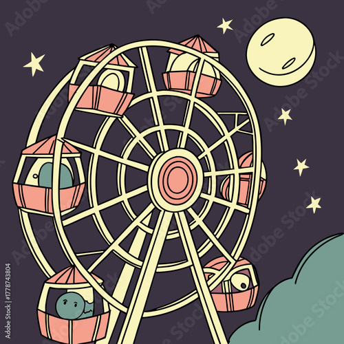 A colorful ferris wheel at night with a smiling moon and twinkling stars
