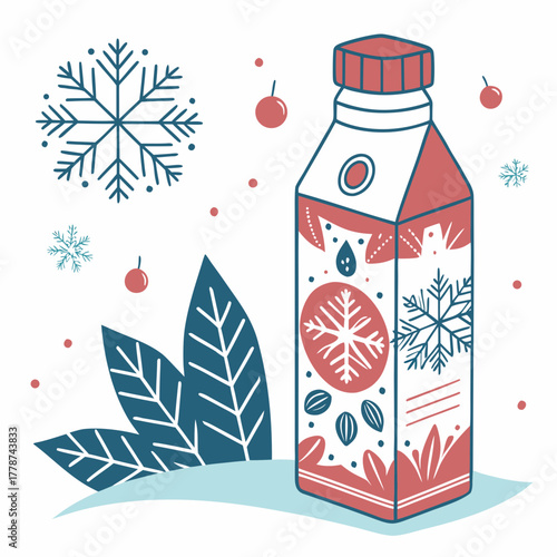 Almond milk carton with winter decorations