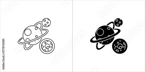 Stylized planet with rings and moons, representing a solar system