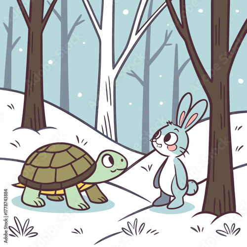 Cartoon illustration of a tortoise and hare in a snowy winter forest