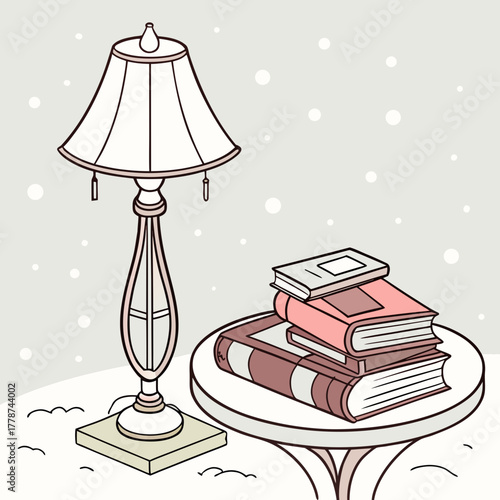 Lamp and books on a table in winter with snow falling from the sky