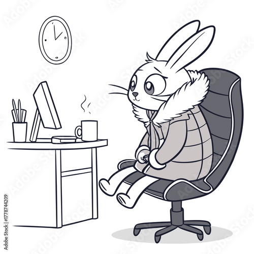 A rabbit is sitting at a desk with a computer and a cup of coffee