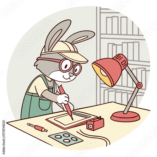 A rabbit artist is drawing on a tablet under the light in his studio