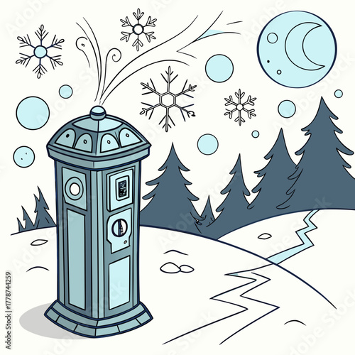 A vintage telephone booth stands amidst a snowy winter wonderland scene