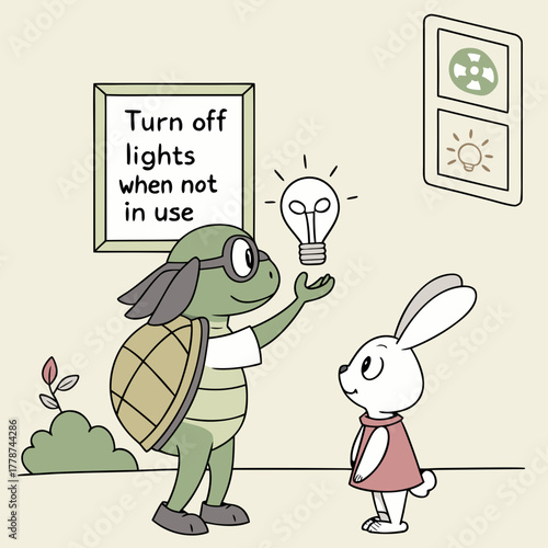 Cartoon turtle and rabbit promote energy conservation by turning off lights