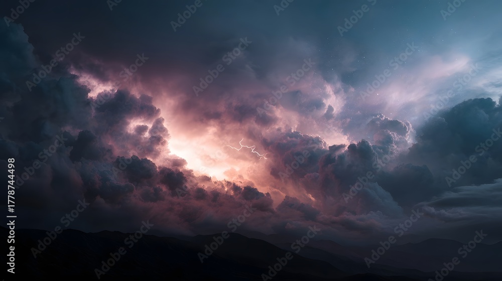 Fototapeta premium A powerful lightning bolt illuminates dark dramatic storm clouds above a silhouetted mountain range at dusk