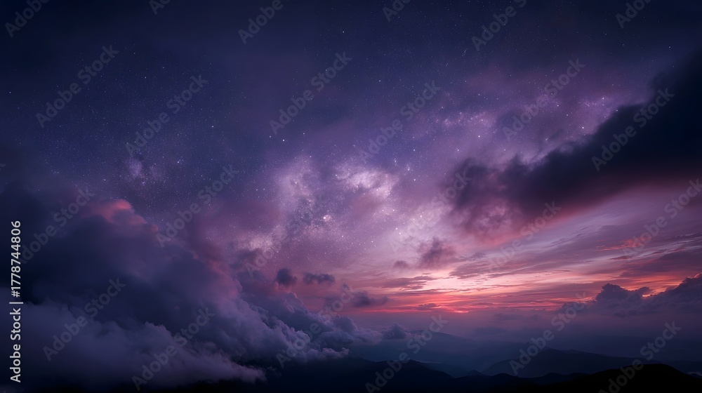 Fototapeta premium A vibrant twilight sky with dramatic clouds stars and distant mountains