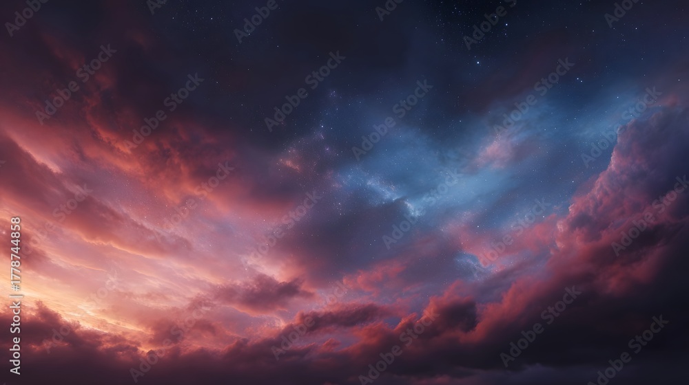 Obraz premium Vibrant clouds at twilight with distant stars create a dramatic cosmic sky