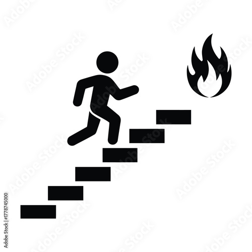 Emergency Fire Escape Route Icon: Man Running Up Stairs Away from Flame