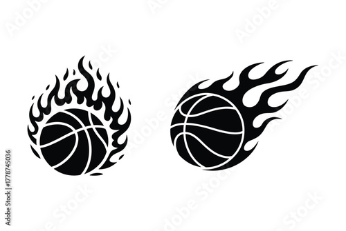 Set of Flaming Basketball Vector Icons: Fireball Sports Logo and Graphic Design.