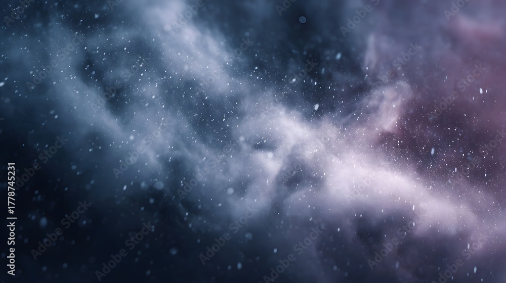 Naklejka premium Ethereal cosmic nebula with swirling dust particles resembling falling snow and deep space hues