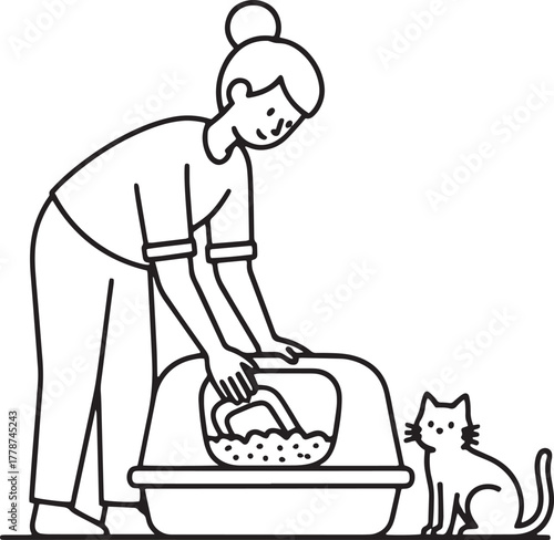 Woman Cleaning Cat Litter Box with Scoop and Pet Cat Line Art Illustration