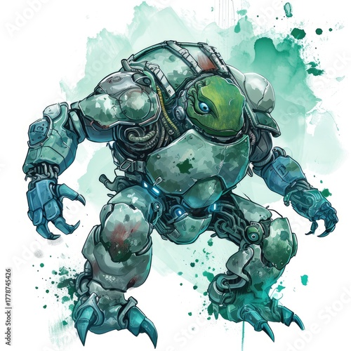 Powerful robotic turtle in a battle ready posture on white background