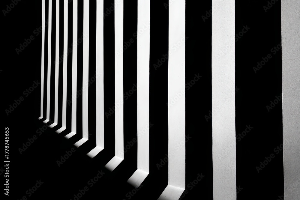 Fototapeta premium Vertical stripes create a dynamic contrast of light and shadow in a minimalist black and white composition featuring strong geometric lines