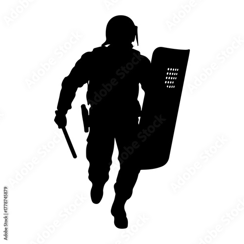 Black silhouette of law enforcement officer with shield and baton
