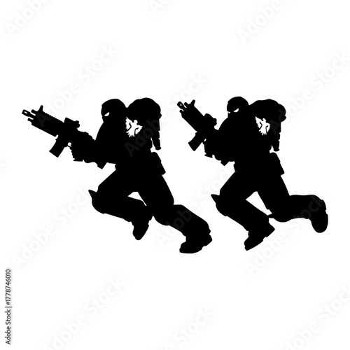 Black soldiers running with rifles silhouette