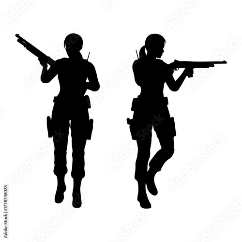 Female figures holding rifles silhouette woman