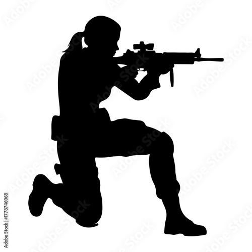 Female soldier aiming rifle silhouette kneeling