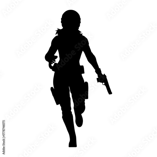 Female operative running with firearm silhouette